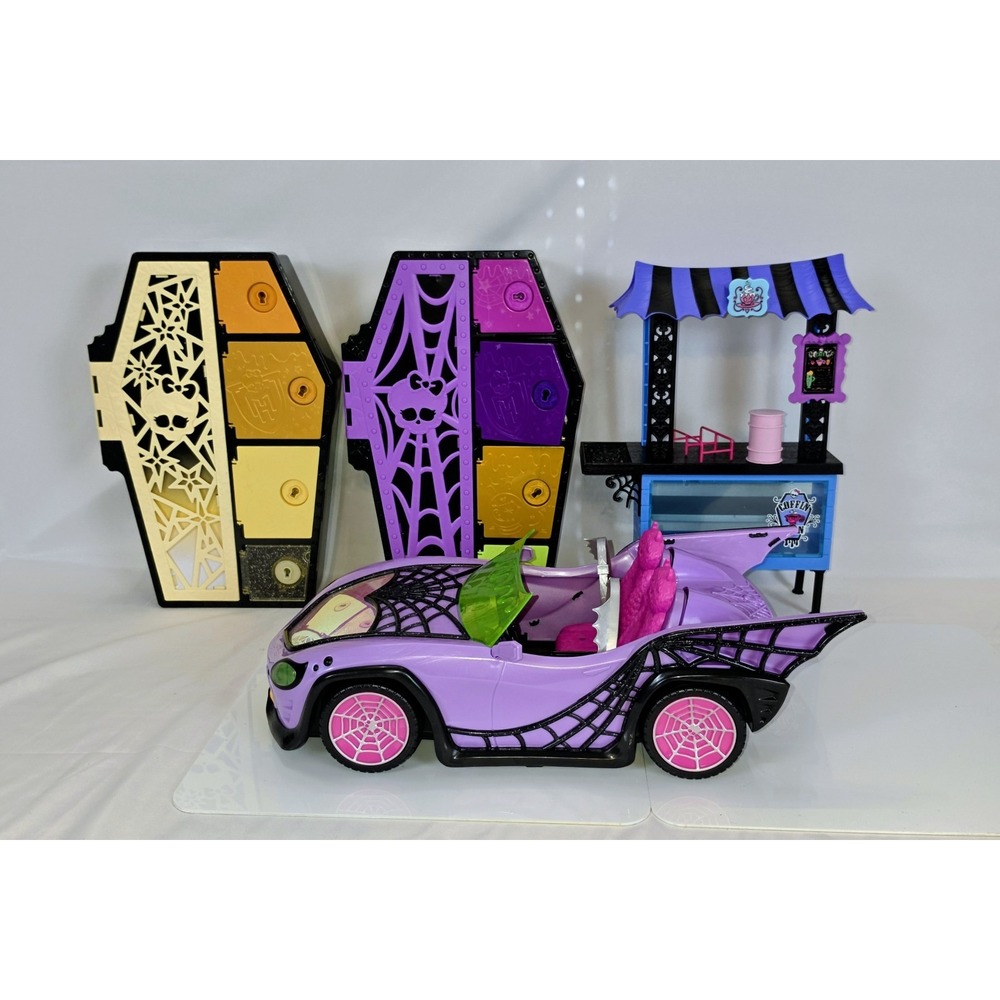 Monster High Playset Lot - Ghoul Mobile, Coffin Bean Bar, Skulltimate Lockers